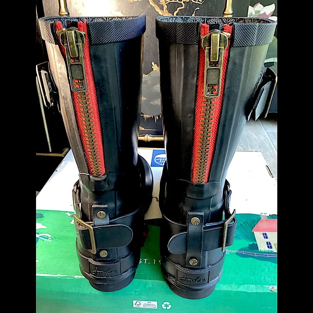 Joules Black Rain Boots with Red Zipper & buckles
